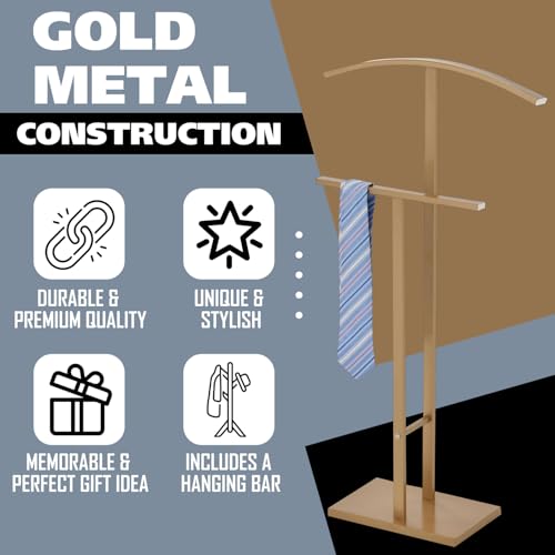 Image of Kings Brand Furniture Dossi Modern Metal Suit Valet Stand, Clothes Rack Organizer with Jacket, Pants & Tie Holder, Space-Saving Garment Rack for Bedroom or Closet (Gold)