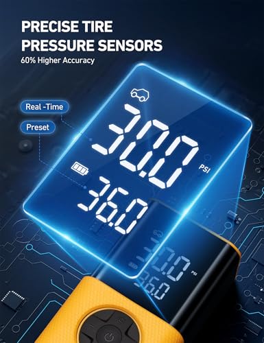 Image of AstroAI L7S Tire Inflator Portable Air Compressor Cordless with Digital Pressure Gauge, 150 PSI LED Light Bike Air Pump with Fast Inflation & Auto Shut-Off for Car Tires,Motorcycles,Bikes,Balls,Yellow