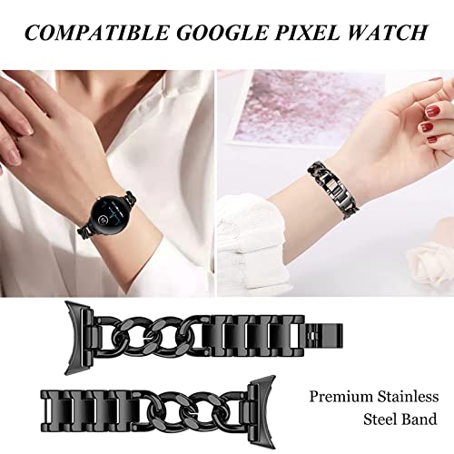 Ninki Compatible Metal Google Pixel Watch Band For Women,Luxury Dressy Bangle Jewelry Replacement For Slim Pixel Watch Wristband,[No Gap] Thin Stainless Steel Metal Google Pixel Smartwatch Strap Black #TOP3