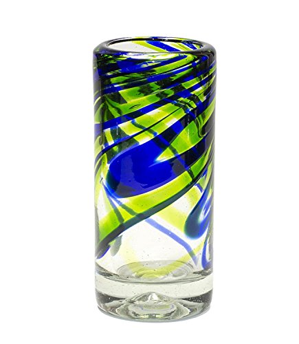 Mexican Hand Blown Glass Blue And Green Shots Tequila Recycled Glass 2 Oz - Original Artisan (6 Pack) #TOP1