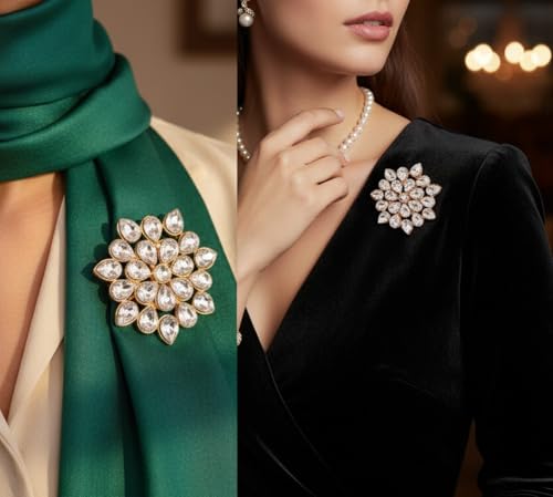 Image of Touchstone Indian Bollywood Handcrafted Designer Jewelry Brooch Lapel Pin in Gold Or Silver Tone for Women.