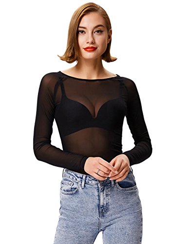 See Through Net Bodysuit Long Sleeve Mesh Tee Shirt Tops for Women (L,Black)