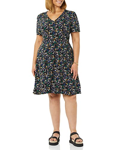 Photo de Amazon Essentials Robe Cintrée Et Évasée À Manches Courtes Et Col en V Femme, Noir Motif Liberty, XS