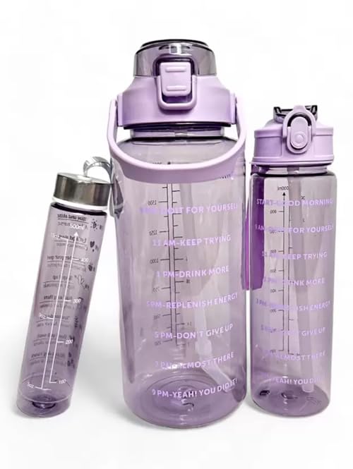 Image of Set of 3 Transparent Water Bottle 2000ML, 900ML, 300ML with Motivational Time Marker | Leak Proof&Break-Proof | Best Usage For Office /School /Gym /Travel Water Bottle