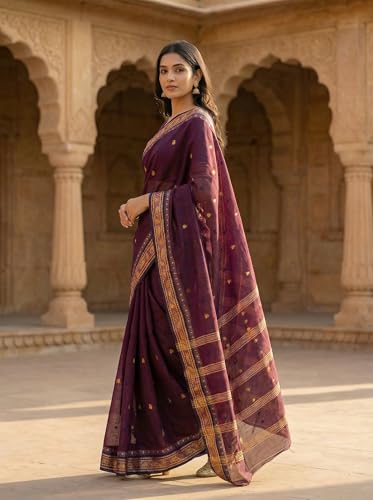 Image of WoodenTant Women's Pure Cotton Taant Saree with Designer Border