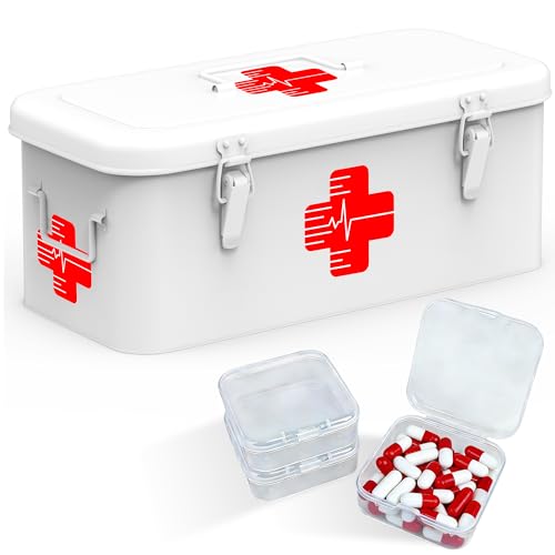 Orionstar Vintage Metal First Aid Box - Large Emergency Medicine Case with 3 Loose Pill Organizers & Top Handle - 360° Visible Medical Symbol Steel S