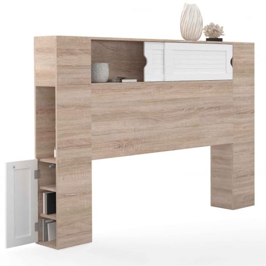 IDMarket - Cabecero de cama con pie Salem 145 cm con almacenamiento cerrado y nichos de madera y blanco
