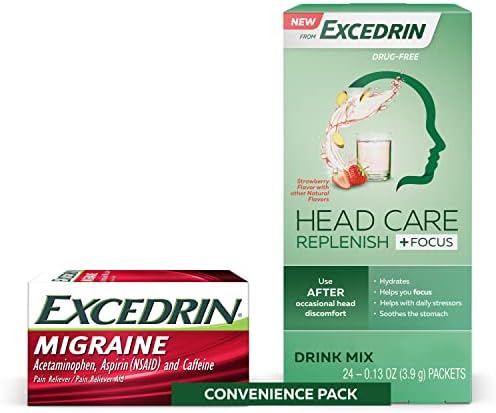 Excedrin Migraine Relief Caplets - 200 Ct and Head Care Replenish Plus Focus Drink Mix - 24 Packets Convenience Pack