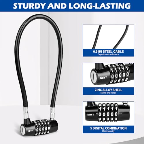 Image of Cable Locks with Combination,Steel Cable Rope Wire 5-Digit Combination Lock with Resettable Code for Bikes, Lockers, File Cabinets, Wardrobes, Small Fences,gate Lock, Pool Padlock.
