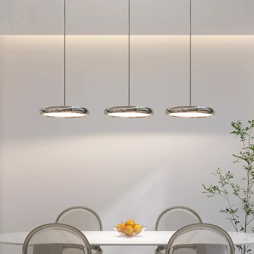 JHYPVII Moderne LED Pendelleuchte Esstisch 3 Flammig Chrom Dimmbar Hängelampe Hochglanzpoliert Rund Flach Esszimmerlampe Verstellbar Hängeleuchte für Küche Speisesaal Restaurants Café