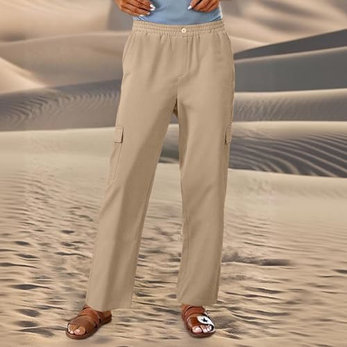 Baggy Linen Cargo Pants Women Lightweight Summer Gauze Wide Leg Hiking Pants Casual Elastic Waist Lounge Trousers3