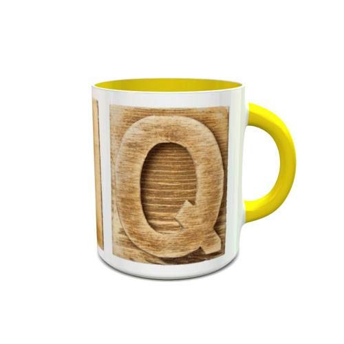 imPRESS White and Yellow Ceramic Mug with Wooden Colored Alphabet Q Design 329