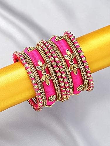 Aheli Royal Design Silk Thread Bangle Set Saree Matching Chuda Indian Traditional Wedding Fashion Jewelry Gift for Women (Silk Rani Pink-Faux Stone, 2.8)4