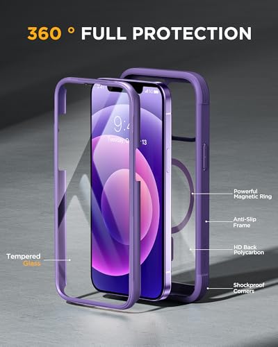 Image of Miracase Glass Series Designed for iPhone 12 /12 Pro 6.1 Inch, Upgrade Full-Body Magnetic Case with Built-in 9H Tempered Glass Screen Protector, with Camera Lens Protector, Magnetic Purple