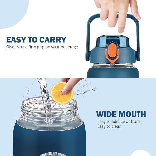 kytffu 56oz Glass Water Bottles with Straw, Motivational Glass Bottle with Silicone Sleeve and Time Marker, Leakproof Large Glass Water Jug for Gym Home Office,Blue