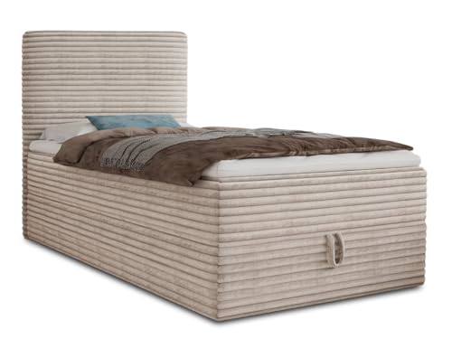 Boxspringbett Mollo Mini mit Bettkasten und Matratzentopper - Einzelbett mit Bonell-Matratze und Topper, Polsterbett in weichem Cordstoff, Bett, Schlafzimmer (Beige (Tilia 03), 100 x 200 cm)