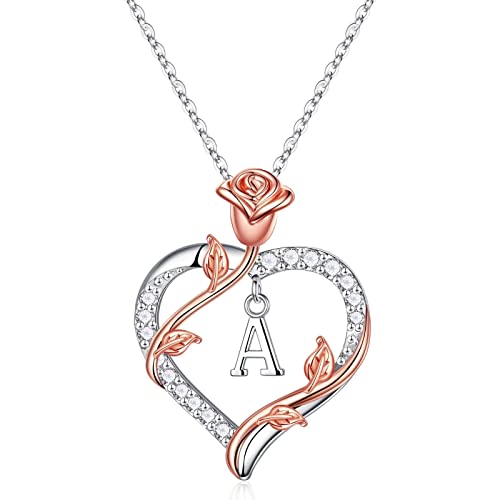 Necklace Gifts For Women Teen Girls, Letter A Initial Necklaces Rose Flower Love Heart Pendant Necklace I Love You Anniversary Birthday Valentines Gifts For Her Girlfriend Wife Mom Daughter Girl Gifts #TOP18