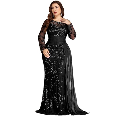 Pretty Birth Plus Size V-Neck & Long Sleeve Mermaid Maxi Wedding Guest Dress for Women with Embroidery Sequins & Semi-Sheer, Ribbon Ruffle Evening Ball Gown for Wedding Party Cocktail Prom, Black, 3XL