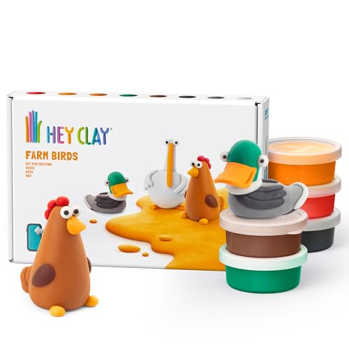 Hey Clay Farm Birds: Duck Goose Hen Set - Colourful Modeling Kids - Air Dry Clay Kit 6 cans with Fun Interactive Instructions App