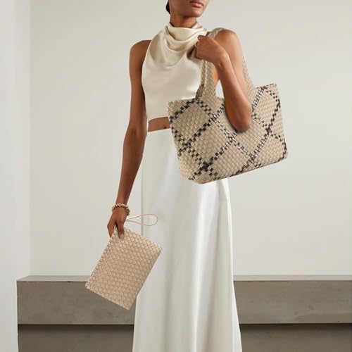 Image of Woven Bag for Women, Large Neoprene Tote Bag Summer Beach Handbag Purse Retro Handmade Travel Shoulder Bag Set