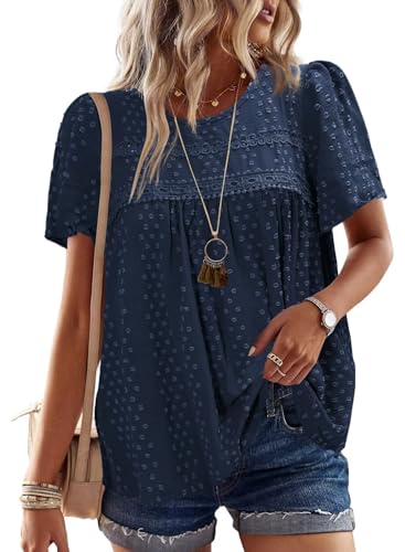 Image of Falechay Womens Summer Tops Crewneck Short Sleeve Shirts Casual Chiffon Blouses Flowy Lace Hem Boho Clothing Trendy 2026