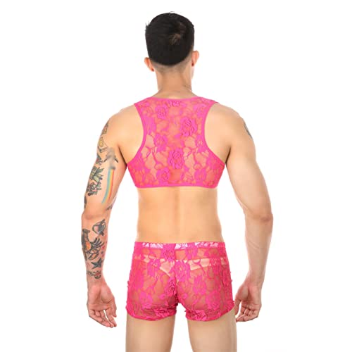 JEsilunmaMY Men's Lace Vest with Shorts Sleeveless Top Mid Rise Panties 2 Piece Lingerie Set See Through Breathable Underwear3