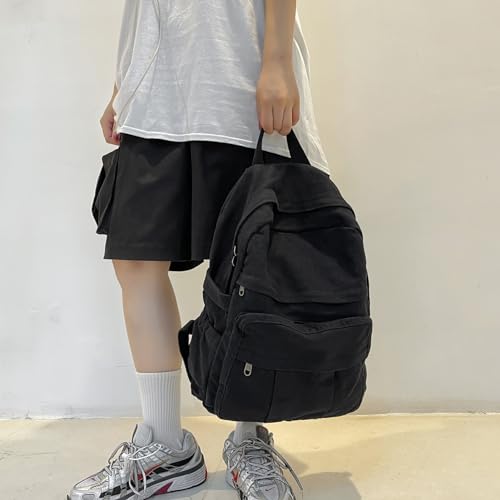Cute Canvas Backpacks for Women Girls, Aesthetic Laptop Bookbag Vintage Backpack for College High School, Black3