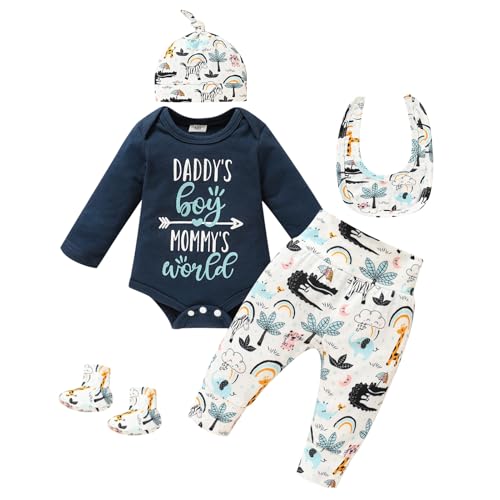 Image of GRNSHTS Newborn Baby Boy Clothes Letter Print Romper+Animal Pants+Mouth watering towel+Socks With Hat Coming Home Outfits
