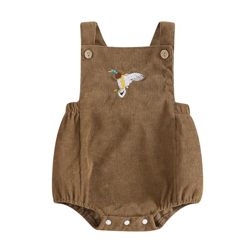 Infant Baby Boy Girl Mallard Duck Corduroy Overalls Romper Embroidery Duck Sleeveless Bodysuit Hunting Baby Clothes (Brown, 0-3 Months)