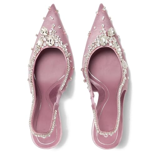Women's Crystal Slingback Pumps Pointed Toe Slip On Stiletto Heels Rhinestone Satin Stiletto Sandals Elegant Evening Dress Slingback Heels3