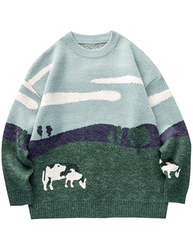 Kissonic Mens Vintage Oversized Sweater Cow Long Sleeve Crew Neck Knitted Grassland Pullover Jumper Unisex Tops