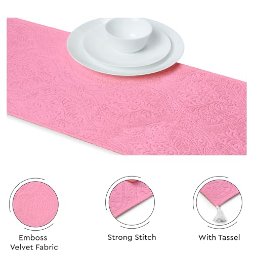 Image of Encasa XO 4 Seater Dining Embossed Velvet Table Runner | Size 32x150 cm | Pink Color with Premium Polyester - Machine Washable
