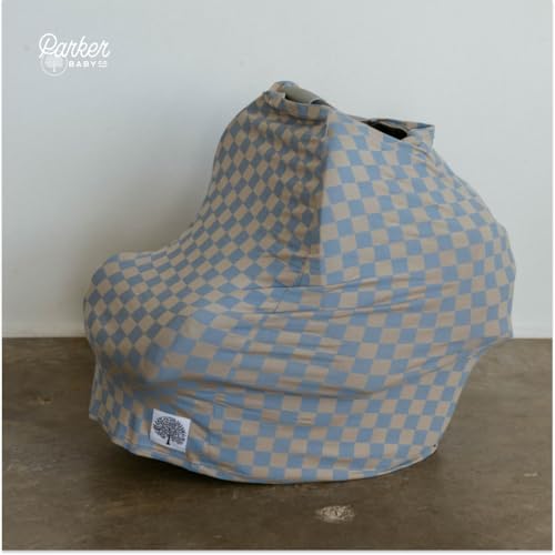 Image of Parker Baby 4 in 1 Car Seat Cover for Girls and Boys - Stretchy Carseat Canopy, Nursing Cover, Grocery Cart Cover, High Chair Cover - inchStormy Blue Checker inch