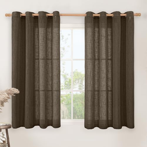 Image of LAMIT Semi Sheer Linen Curtains 45 Inches Long, Linen Textured Light Filtering Panels Bronze Grommet Neutral Drapes for Kitchen /Window /Bedroom, Dark Brown, 2 Panels, 52 x 45 Inch