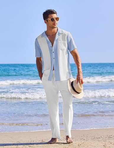 Image of COOFANDY Men 2 Piece Linen Outfit Beach Button Down Shirt Casual Loose Pant Sets