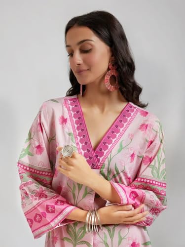 Image of Amazon Brand - Anarva Pure Cotton Kurta Set for Women | Kurti Set | V Neck 3 /4 Sleeve Ethnic Outfit | Cotton Kurta Set for Women | Designer Indian Kurti | Daily Office and Festive Traditional