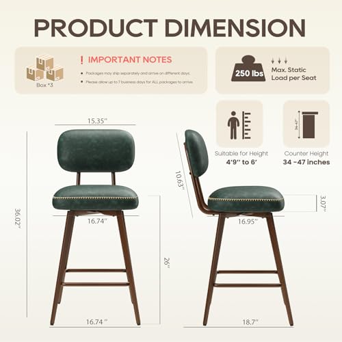 Image of MALOL 26 inch Swivel Bar Stools Set of 6, Mid Century PU Leather Counter Height Bar Chairs with Low Back and Metal Legs, Modern Bar Stool Chair for Kitchen Island, Green