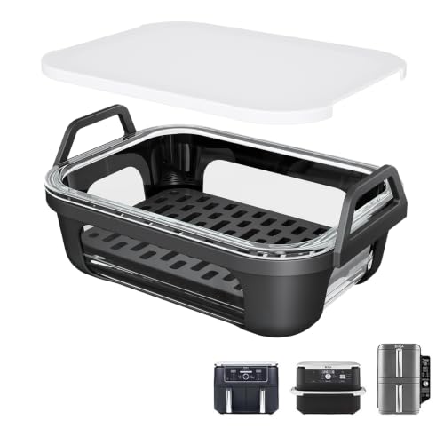 Image of Glass Air Fryer Liner for Ninja Dual Basket Air Fryers DZ401 DZ550 SL401, Reusable Borosilicate Glass Bowl with Silicone Base Handles, Dishwasher Safe Reusable Accessory Set with Tray & Lid