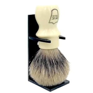 Parker 100% Black Badger Bristle Shaving Brush with White Handle–Extra Dense Badger Bristles Shave Brush Create a Superior Lather–Brush Stand Included