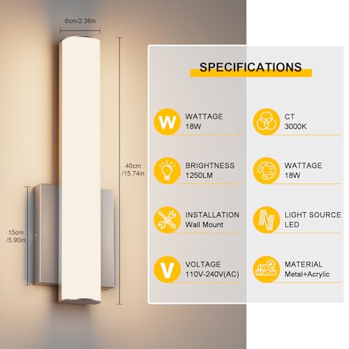 Aoceley 15.7 Inches Modern Bathroom Led Wall Sconces,18W 3000K Hardwired Wall Light with White Acrylic Lampshade,Indoor Bathroom Vanity Light for Mirror Bedroom Living Room Hallway(Nickel,2Pack) by Aoceley - Used condition - Image 7
