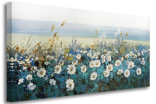 Arjun Flower Wall Art Bedroom Wall Decor Canvas White Daisy Floral Painting Landscape Picture Art Work for Living Room Wall Decor Textured Large Office Home Dining Room, 48"x24"