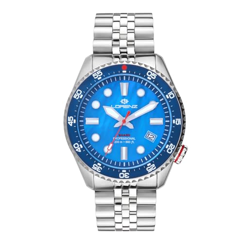 Lorenz - Automatische Sportuhr für Herren - Modell Shark V 030255MP - Professionelle Uhr mit Stahlarmband Wasserdicht bis 200 Meter - Box mit Ersatzgummiband, blau, Modern
