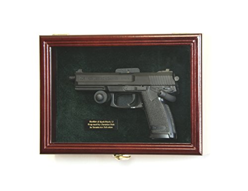 Single Pistol Display Case Wall Mount Solid Hardwood Cabinet (Cherry Finish, Green Felt Background)
