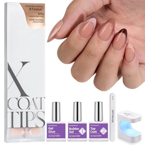 BTArtboxnails XCOATTIPS - Uñas cortas a presión, tonos de piel, puntas de uñas de almendra, puntas de uñas de gel suave con gel de uñas, dúo protector francés, lámpara de uñas, kit de uñas postizas