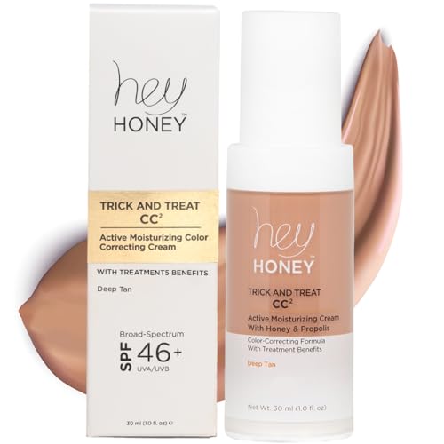Image of Hey Honey Trick and Treat CC Cream SPF 46 | Active Moisturizing Color Correcting Cream with Honey & Propolis | Best Cover For Rosacea, Skin Redness & Mature Skin | Cruelty-Free | 1 oz (Deep Tan)