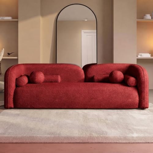 Image of CRAFTCITY Curved 3 Seater Cloud Sofa Upholstered 3 Seater Sofa for Living Room Bedroom Home Office Meeting Room Velvet Fabric Sofa (Red)