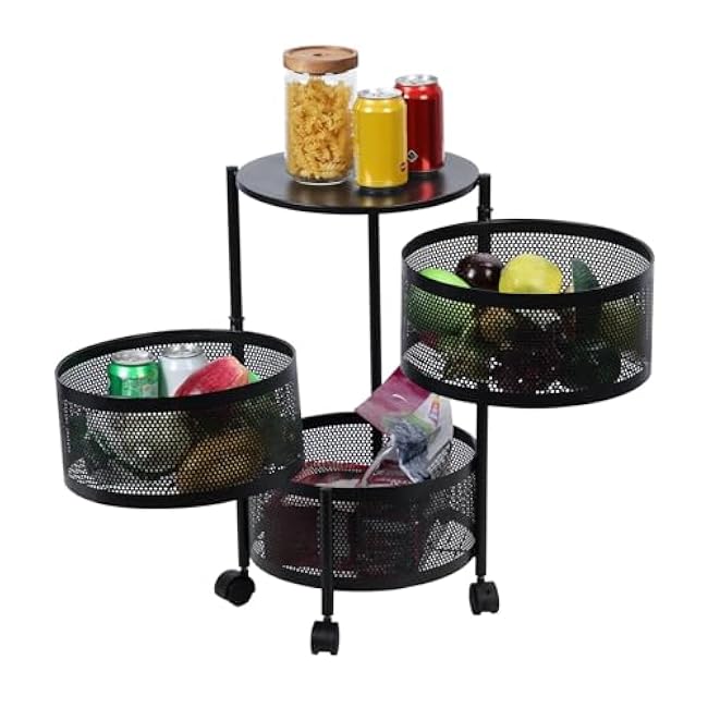Rotating Fruit Basket Kitchen Storage Rack No Assembly, 3/4/5 Metal Circular Rotating Basket Tier Rolling Storage Cart for Kitchen/Garage/Bathroom(Black,3 Tier)-VfI0JS10