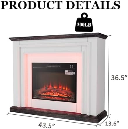 44 Inches LED Lights Electric Fireplace with Mantel, Tall Fire Place Heater Freestanding, Delicate Three-Dimensional molding with Remote Control Timer LED Flame for Living Room