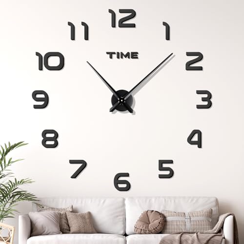 JIZZU 3D Moderne Horloge Murale, Géante 120cm Silencieuse, Autocollant DIY, Numérique, Noire, 60-120 cm