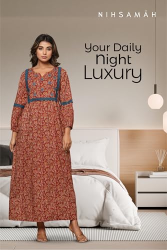 Image of NIHSAMAH Cotton Night Gown for Women, Printed Long Cotton Nighty with Pockets, Comfortable & Fancy Sleepwear /Nightwear /Maxi